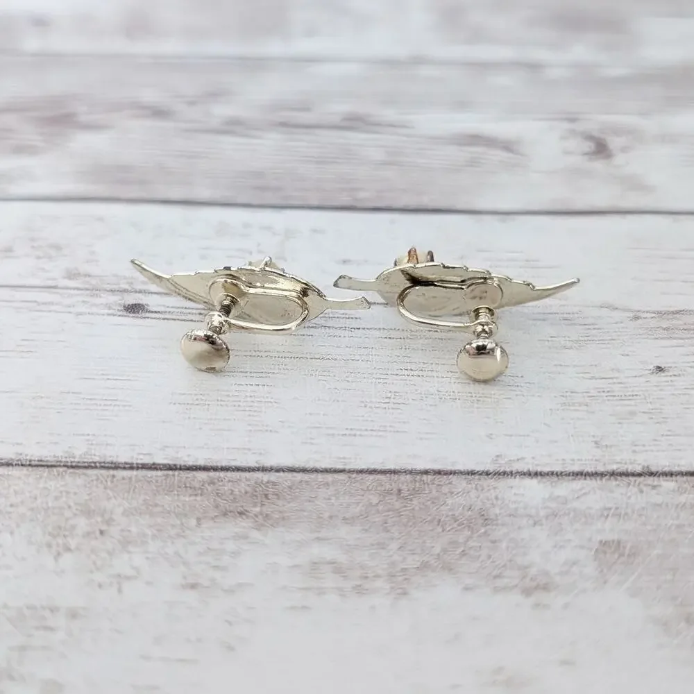 Vintage Screw Back Earrings Mismatched Leaves with Faux Pearls Condition Issues